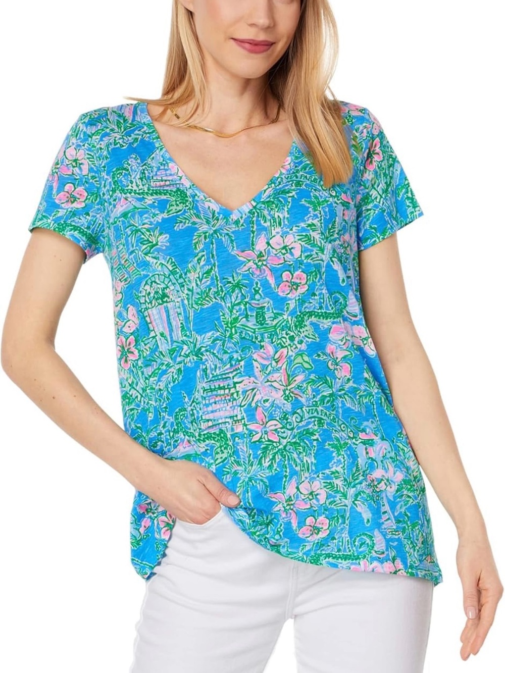 Lilly Pulitzer Etta V-Neck Shirt Boca Blue Beneath the Bougainvillea Size XXS